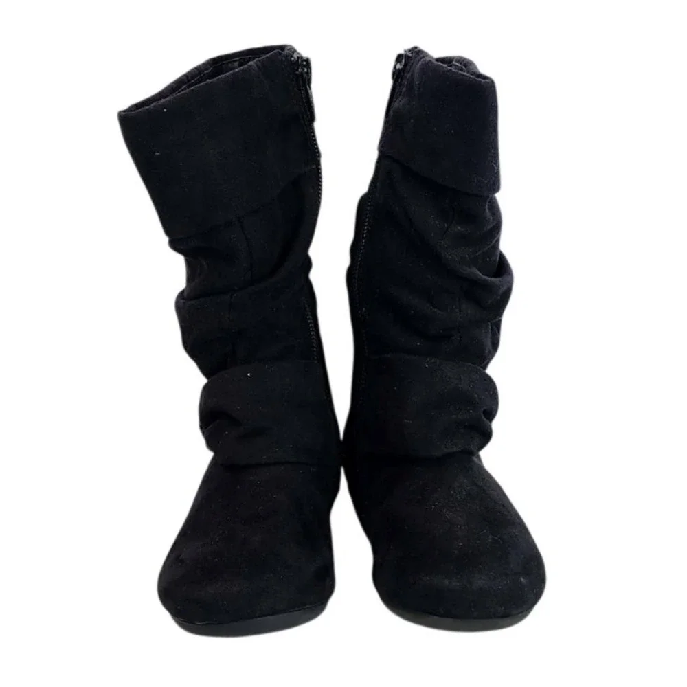 Kids Black Slouch Boots Bow Side Zipper Ankle Flat Heel Size‎ 7M